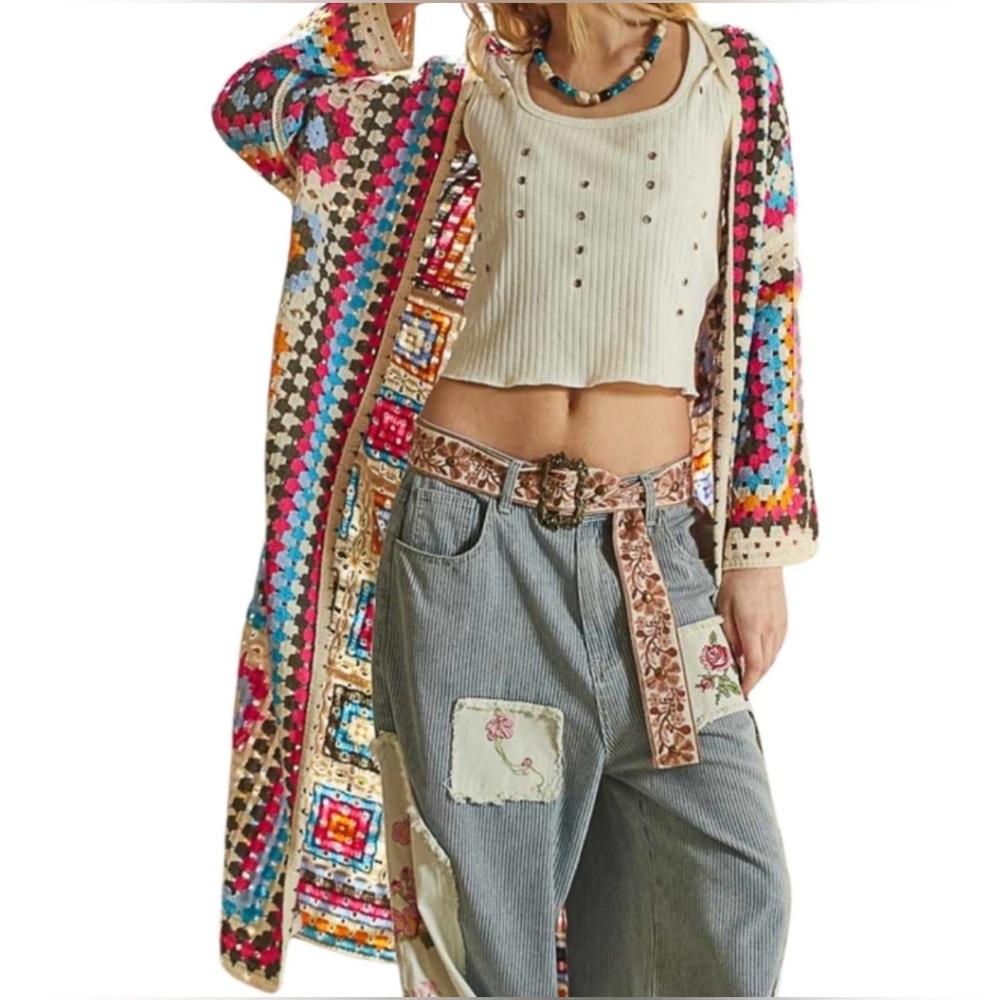 POL - One Size Fits Most Colorful Crochet Long Cardigan Sweater